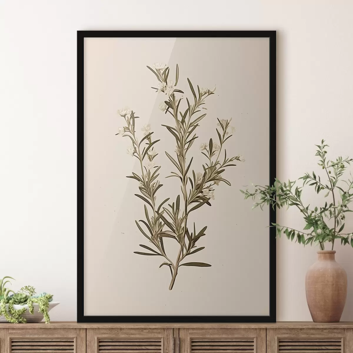 Poster botanică, ramură, fundal bej, iarbă, minimal, plantă, frunze verzi, tulpină f45098