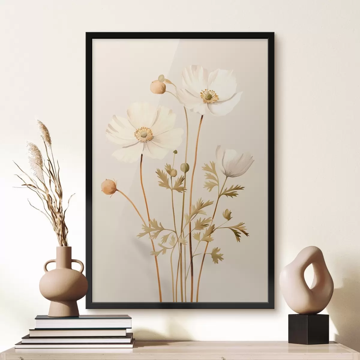 Poster floare, botanic, fundal bej, tonuri moi, petale, plante, vintage, minimal f45099