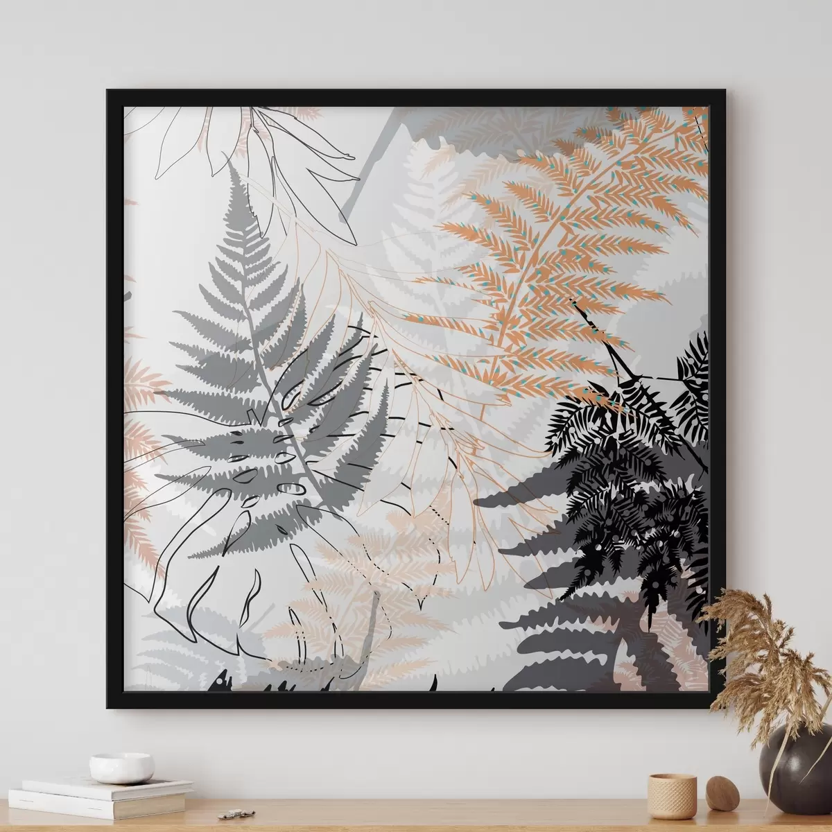 Poster ferigă, frunze abstracte, model, design plat, contrast, tonuri de gri, botanic, suprapunere f45101