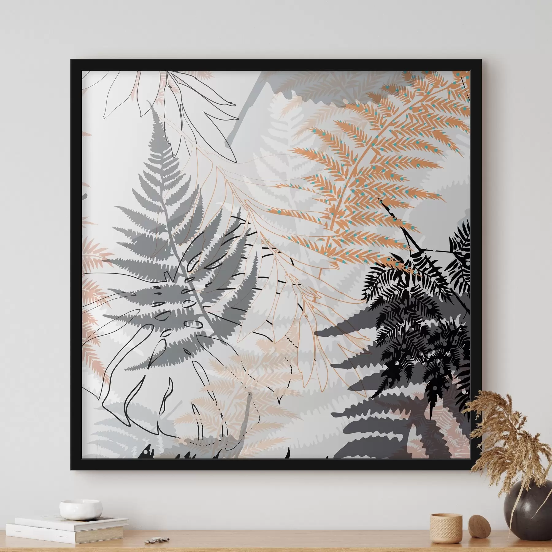 fototapet ferigă, frunze abstracte, model, design plat, contrast, tonuri de gri, botanic, suprapunere f45101