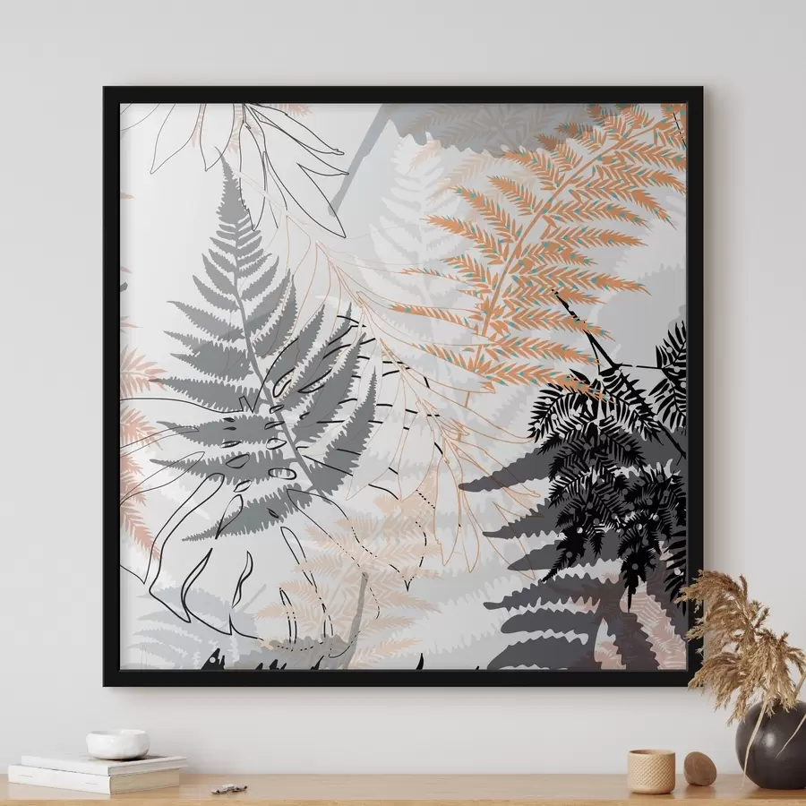 fototapet ferigă, frunze abstracte, model, design plat, contrast, tonuri de gri, botanic, suprapunere f45101