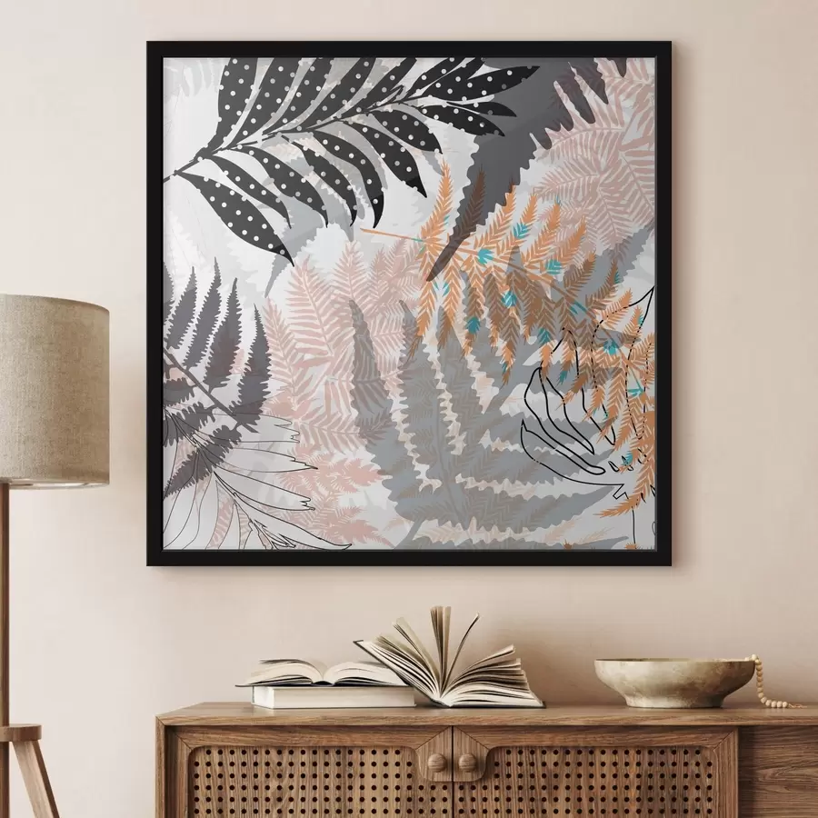 fototapet frunze tropicale, grafic, textură, bej și negru, siluetă, contemporan, plantă f45103