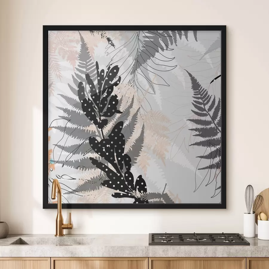 fototapet print natural, frunze decorative, amestec de junglă, forme de ferigă, paletă neutră, artă cu frunze f45104