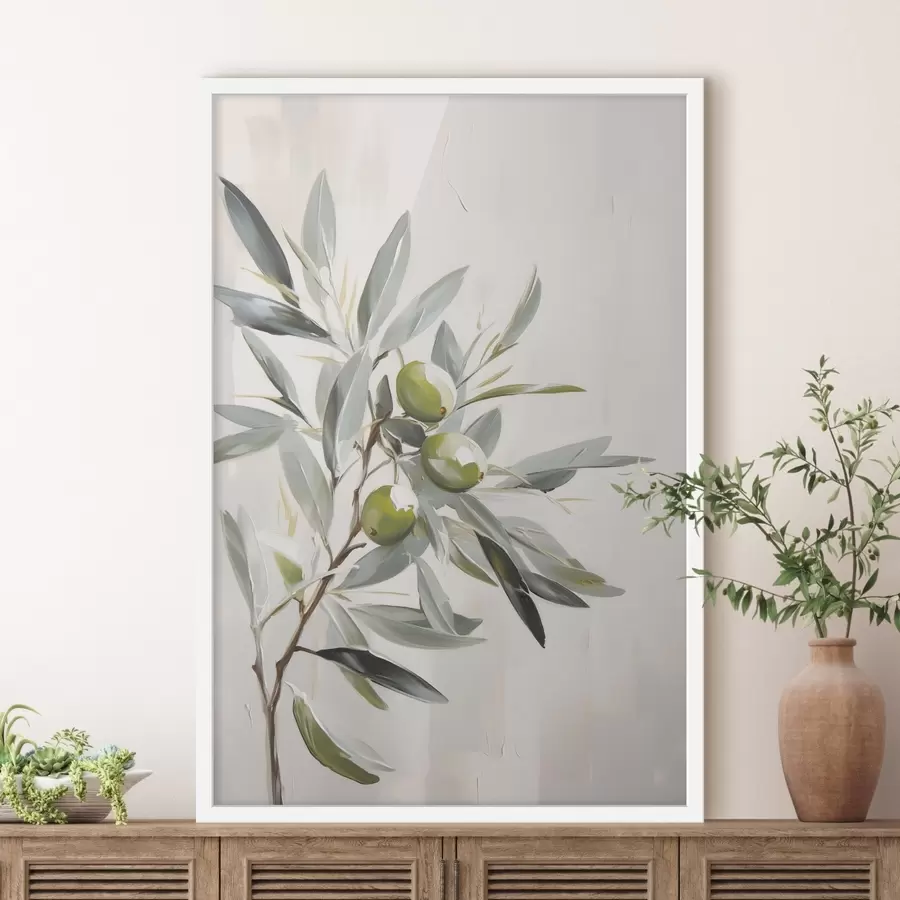 fototapet ramură de măslin, fruct verde, tonuri stinse, frunze, minimal, natural, pictură în ulei, botanică f45109