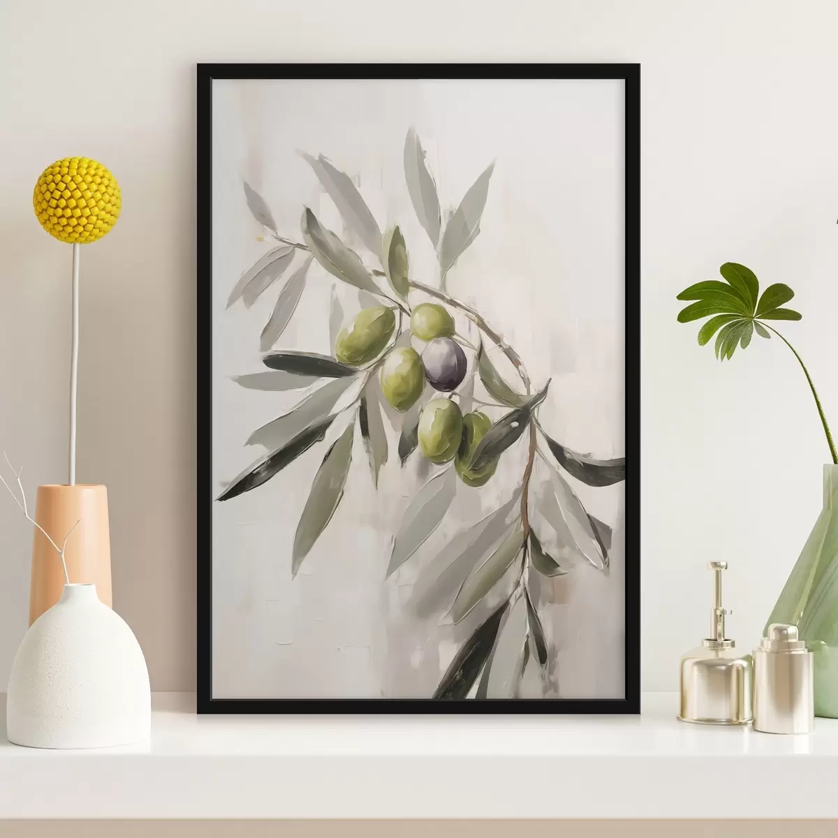 Poster măsline verzi, detaliu ramură, fundal luminos, organic, paletă naturală, rustic f45110