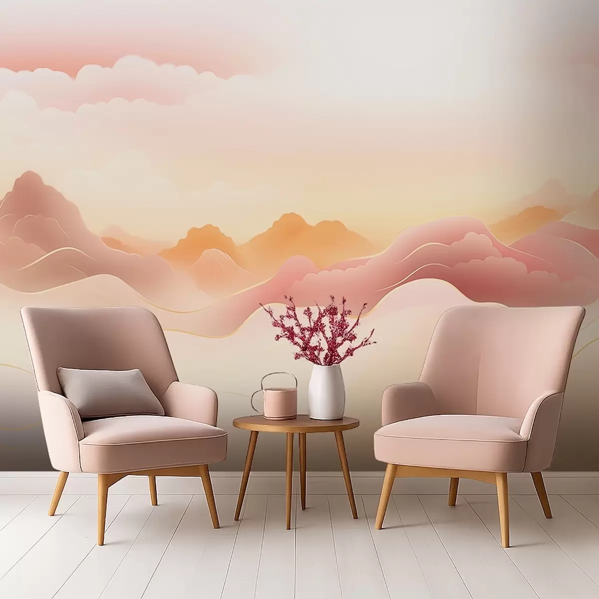 fototapet Munți cețoși sub un răsărit de soare cald w09242