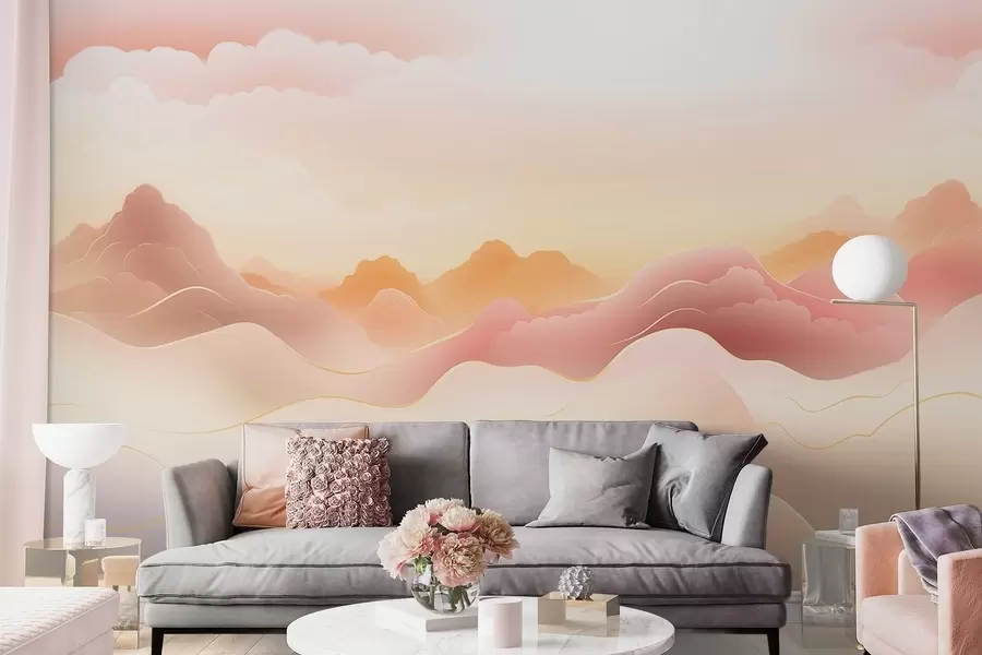 fototapet Munți cețoși sub un răsărit de soare cald w09242