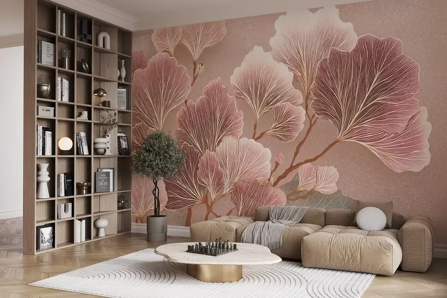 fototapet Ramură de frunze în nuanțe de roz și violet w09249