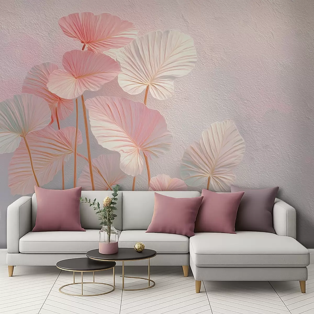 fototapet Frunze tropicale elegante, mari, în nuanțe de roz și albastru w09252