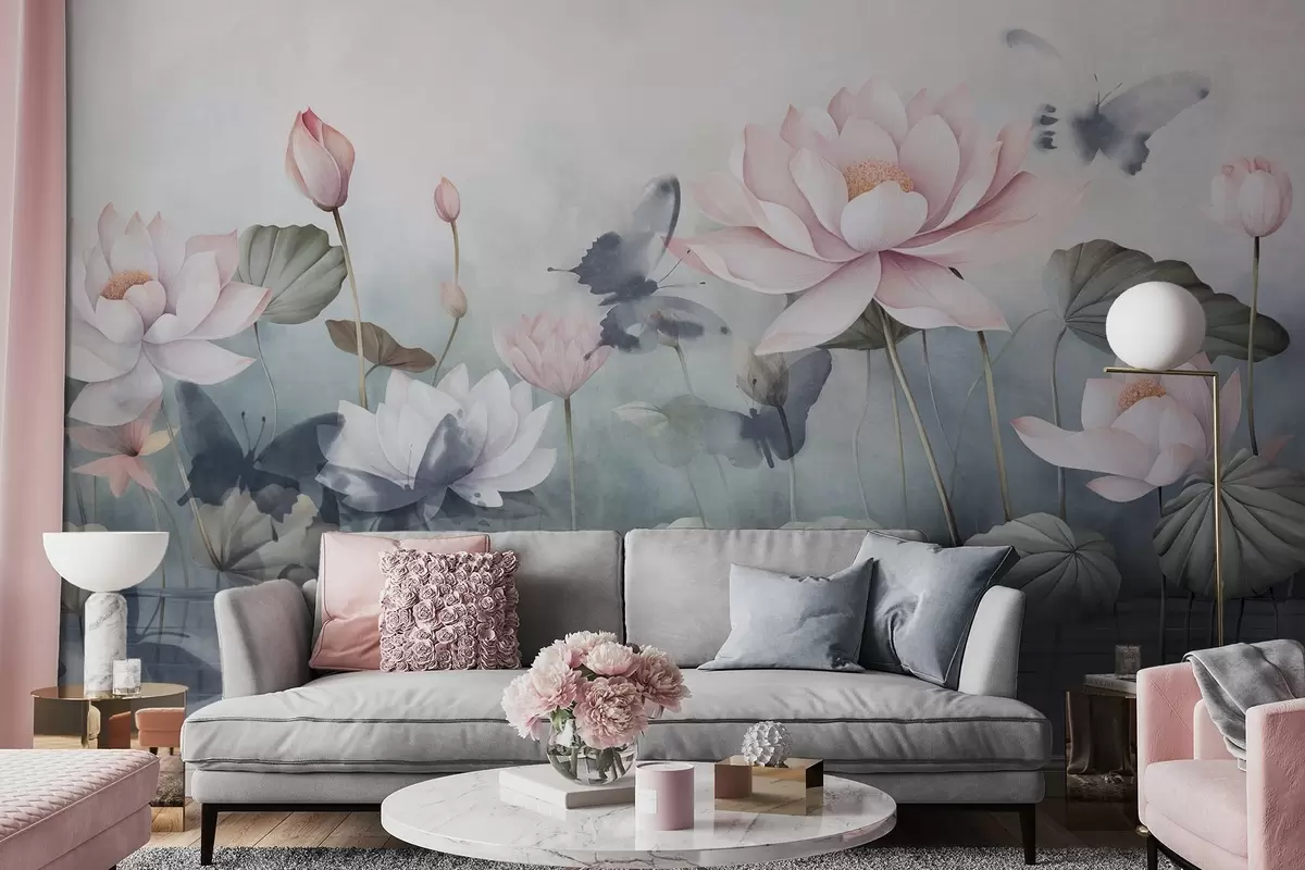 fototapet Lotus flori texturate cu petale roz pastel, frunze verzi, reflecție de apă, culori pastelate moi, efect de acuarelă w09254
