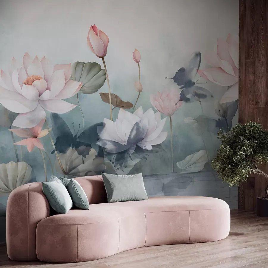 fototapet Lotus flori texturate cu petale roz pastel, frunze verzi, reflecție de apă, culori pastelate moi, efect de acuarelă w09254