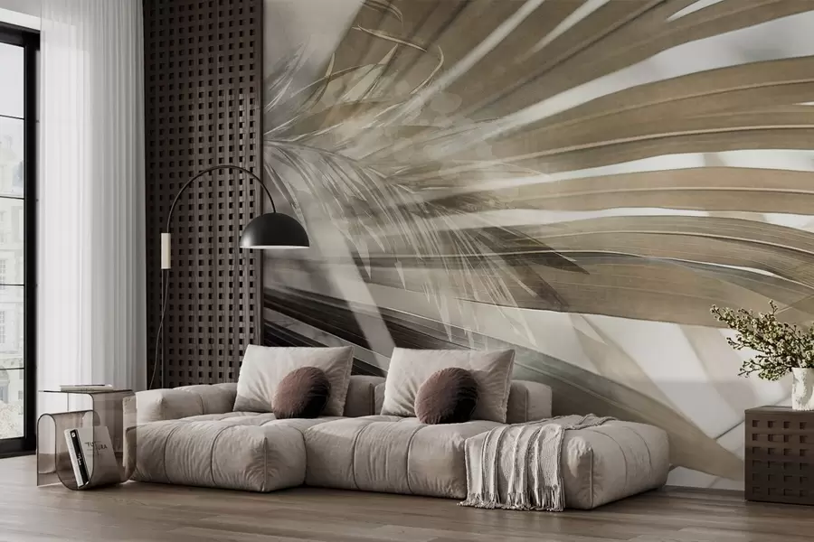 fototapet Frunze de palmier cu o nuanță maro deschis, suprapuse și creând un efect stratificat, pe un fundal moale, neutru w09256