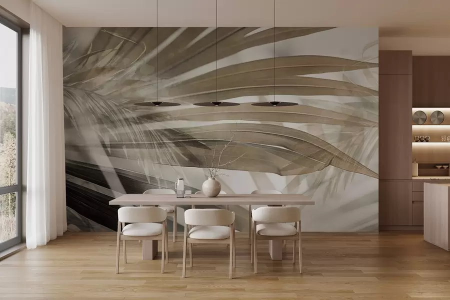 fototapet Frunze de palmier cu o nuanță maro deschis, suprapuse și creând un efect stratificat, pe un fundal moale, neutru w09256