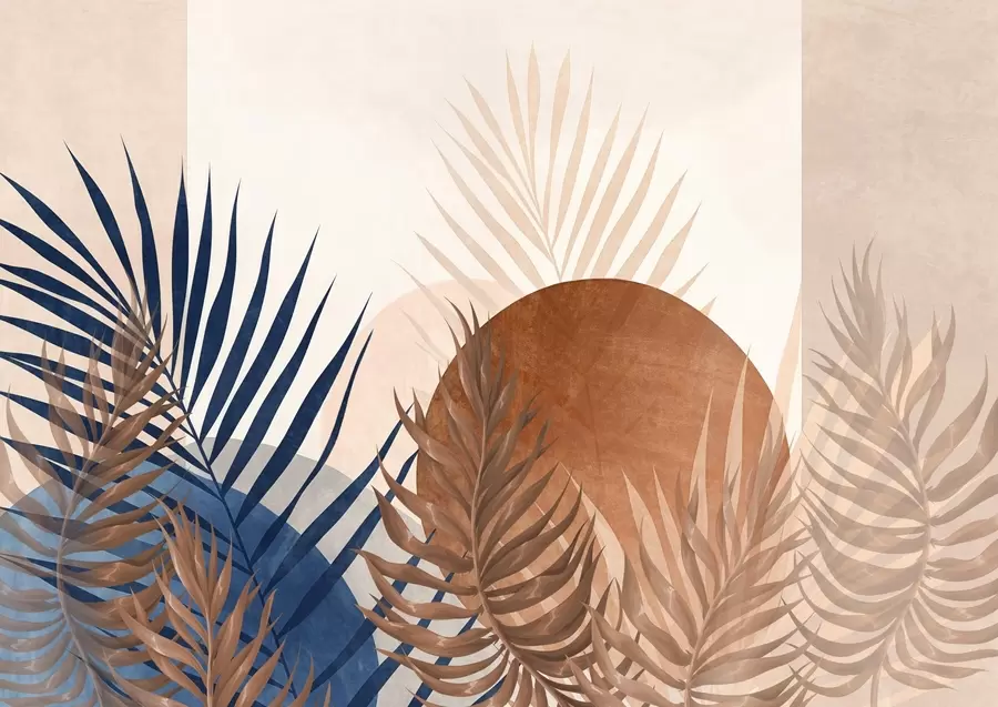 fototapet Compoziție abstractă texturată cu frunze tropicale în nuanțe de albastru și tonuri pământii, cu o formă circulară mare w09257