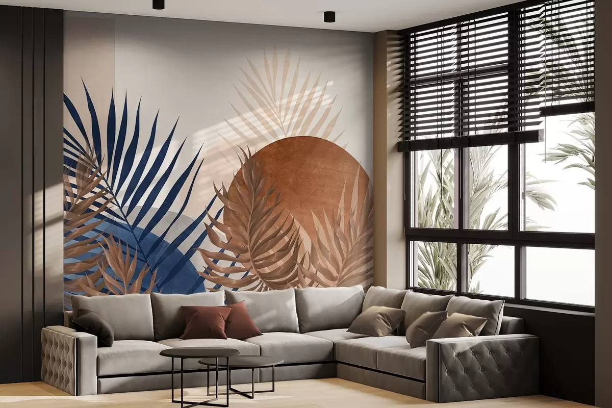 fototapet Compoziție abstractă texturată cu frunze tropicale în nuanțe de albastru și tonuri pământii, cu o formă circulară mare w09257