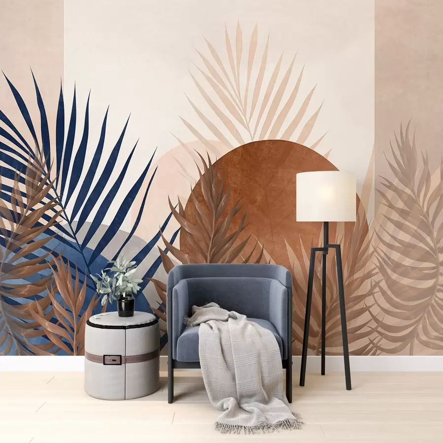 fototapet Compoziție abstractă texturată cu frunze tropicale în nuanțe de albastru și tonuri pământii, cu o formă circulară mare w09257