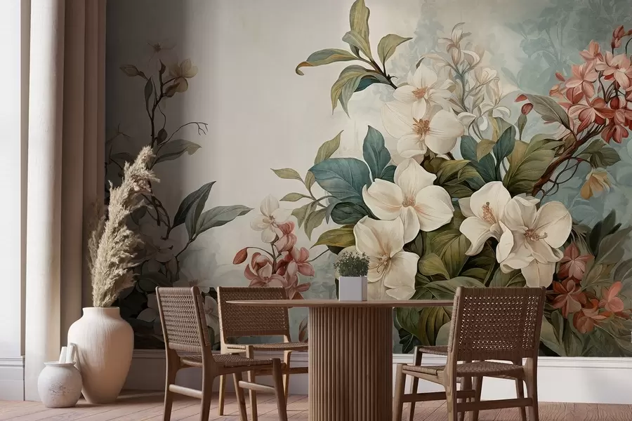 fototapet Flori și frunze tropicale texturate cu nuanțe moi de albastru și verde, tușe delicate, stil botanic vintage w09259