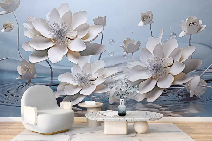 fototapet Flori albe texturate cu picături de apă, reflexii pe suprafața apei, fundal albastru deschis, design elegant w09262