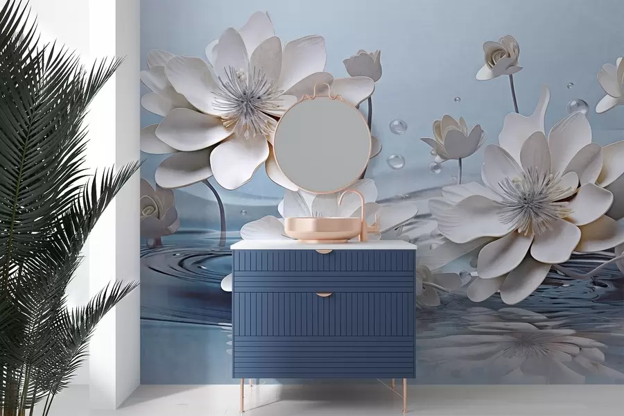 fototapet Flori albe texturate cu picături de apă, reflexii pe suprafața apei, fundal albastru deschis, design elegant w09262