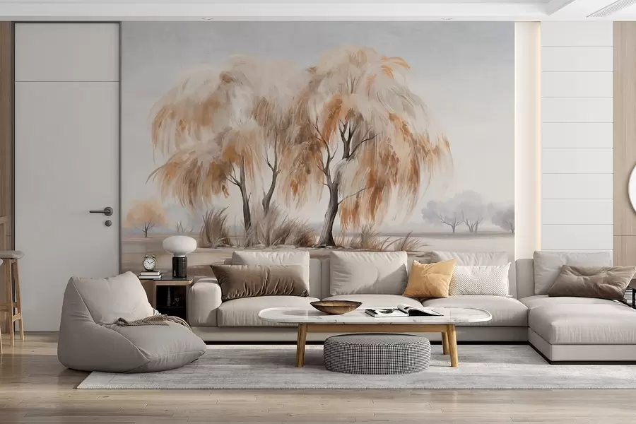 fototapet Salcie texturată cu frunze maro și albe pe malul unui lac, cu ceva iarbă în jurul lor, într-o zi cețoasă w09268