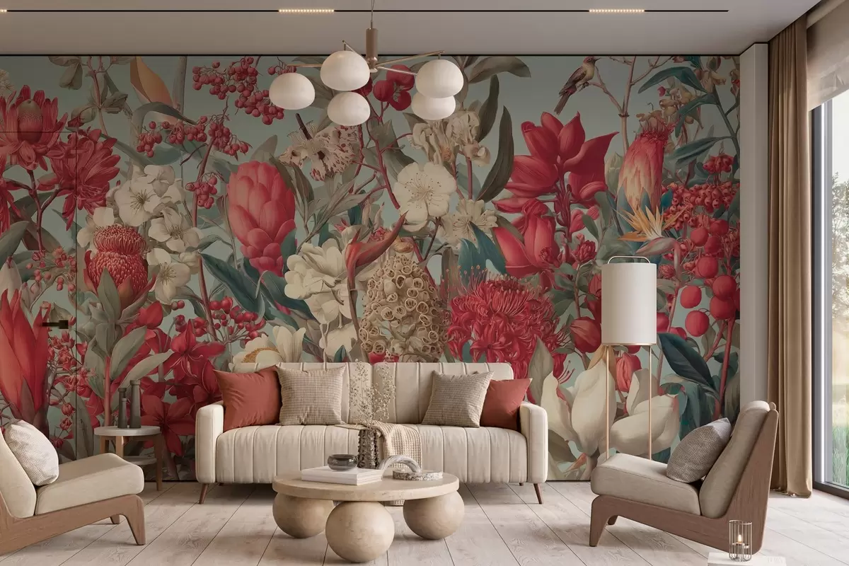 fototapet flori tropicale texturate pe un fundal albastru w04209