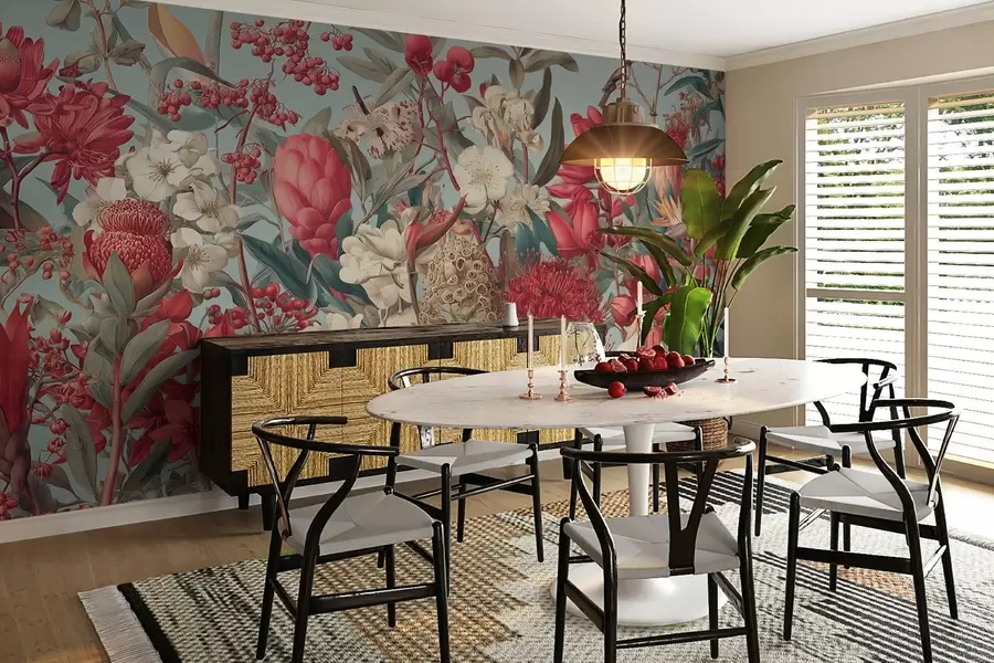 fototapet flori tropicale texturate pe un fundal albastru w04209