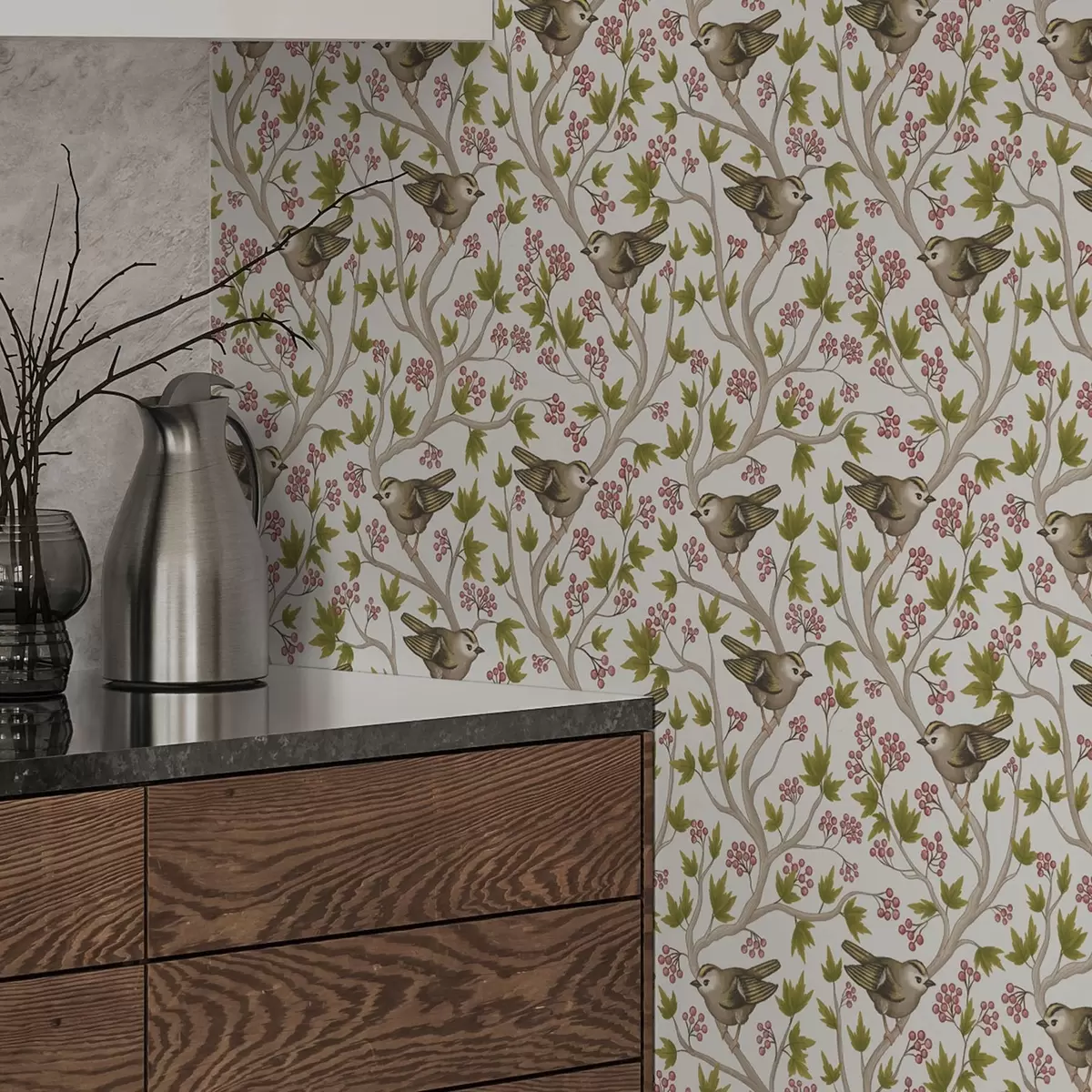 Wallpaper Păsări pe ramuri cu frunze și fructe de pădure pe un fundal alb a00283