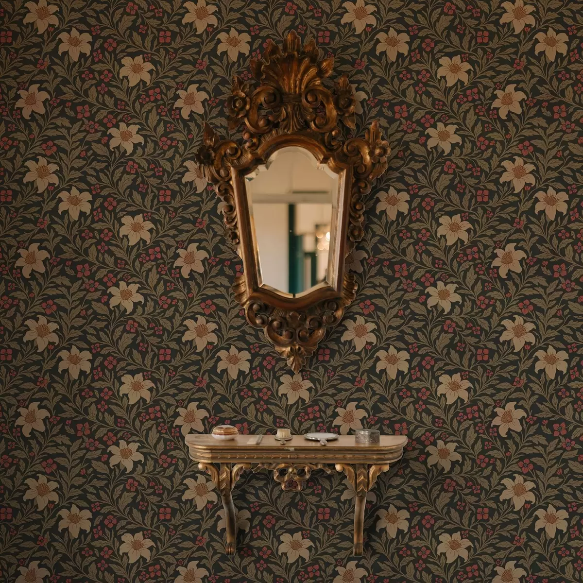 Wallpaper Fundal închis cu flori galbene și roșii în stil Art Nouveau a00293