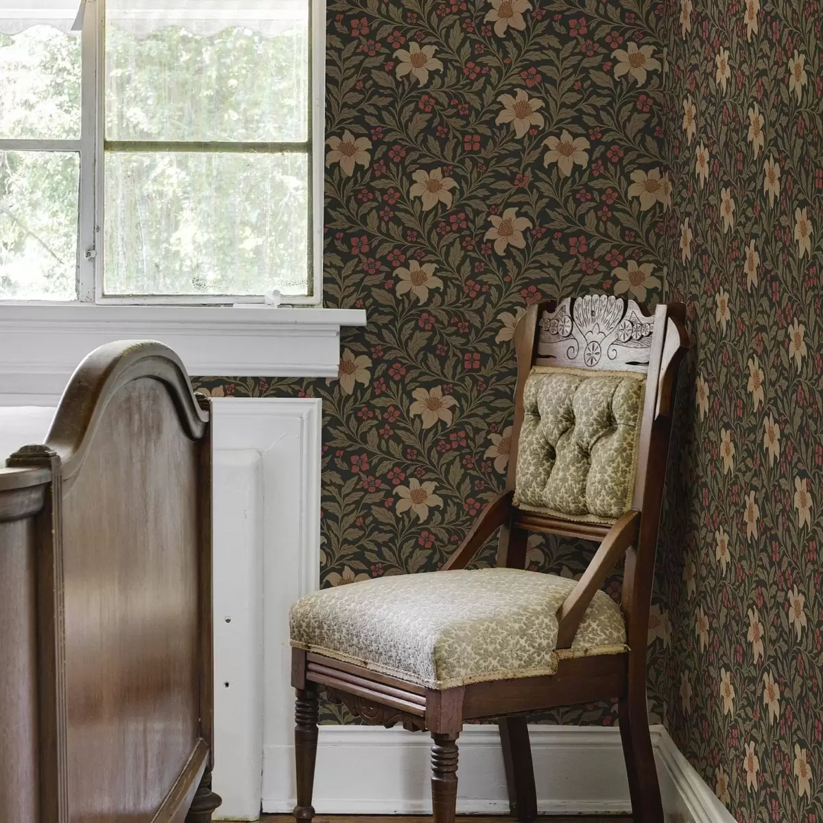 Wallpaper Fundal închis cu flori galbene și roșii în stil Art Nouveau a00293