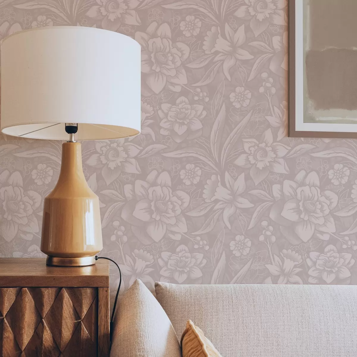 Wallpaper Design floral monocrom cu narcise pe un fundal crem a00294