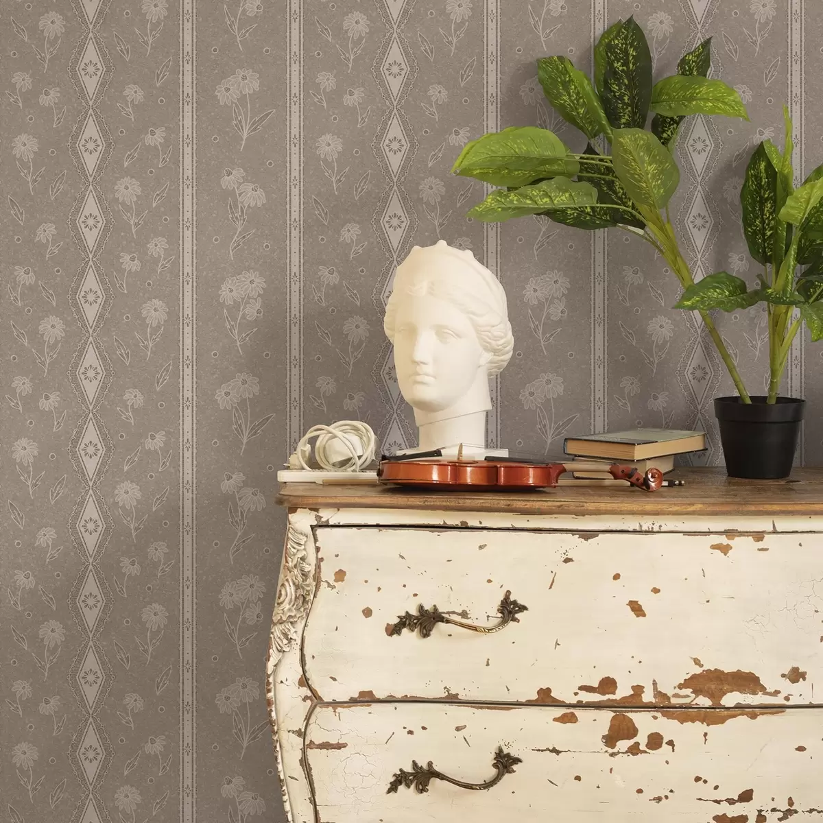 Wallpaper Dungi cu margarete și dantelă pe un fundal gri-bej a00295