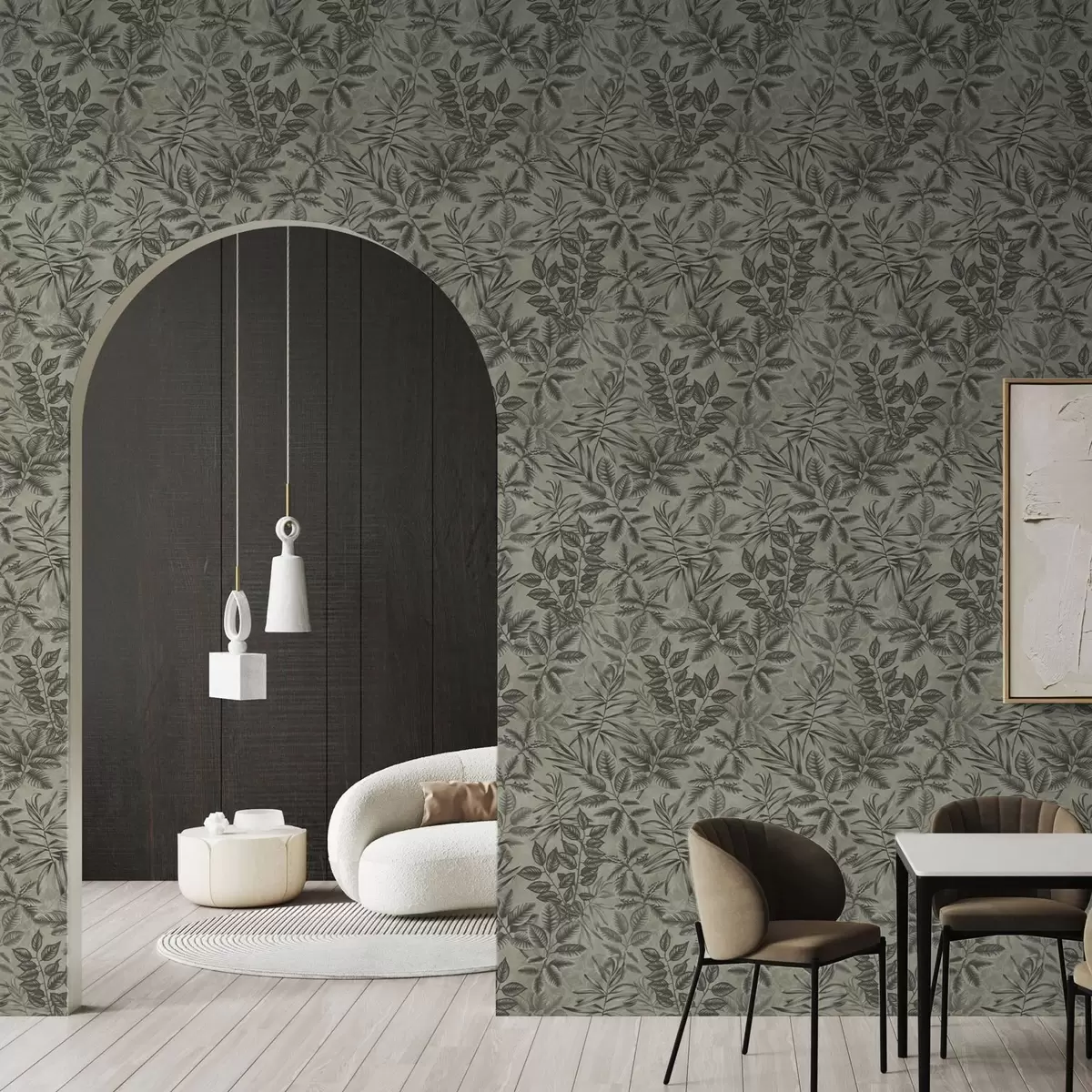 Wallpaper Frunze tropicale gri de diferite forme pe un fundal de epocă a00297