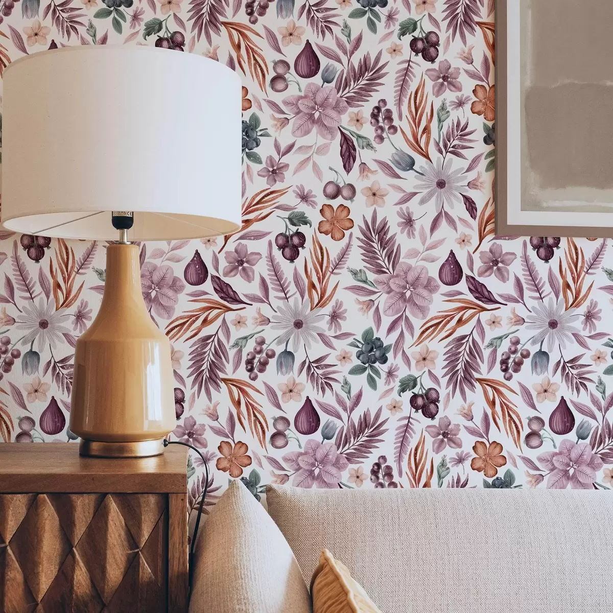 Wallpaper Fructe de padure luminoase, flori și frunze în stil acuarelă a00298