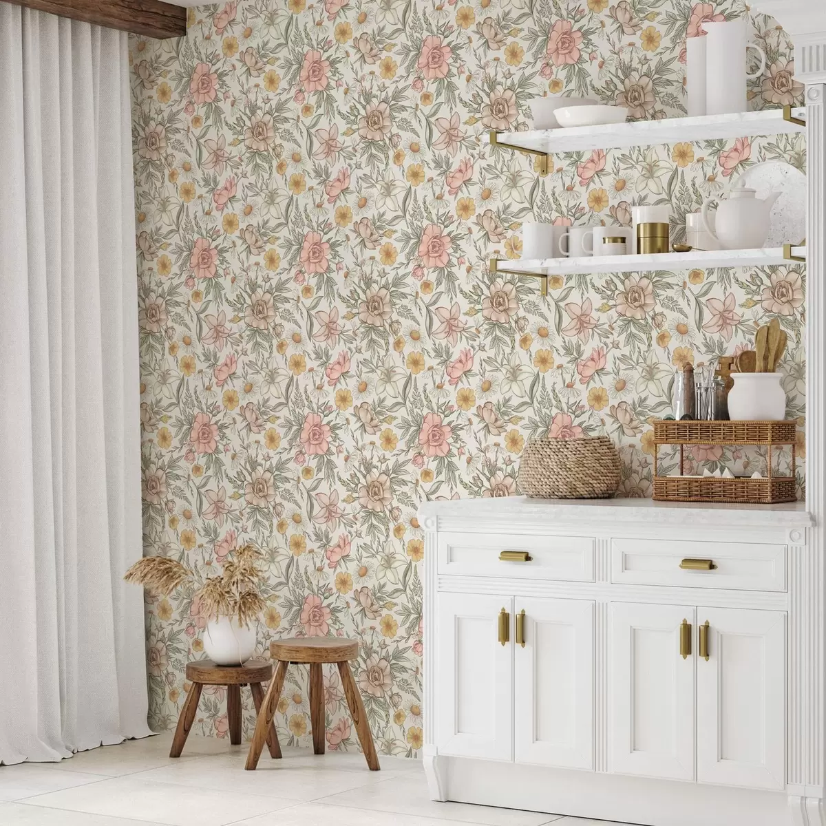 Wallpaper Margarete, bujori, crini și frunze în culori delicate a00299