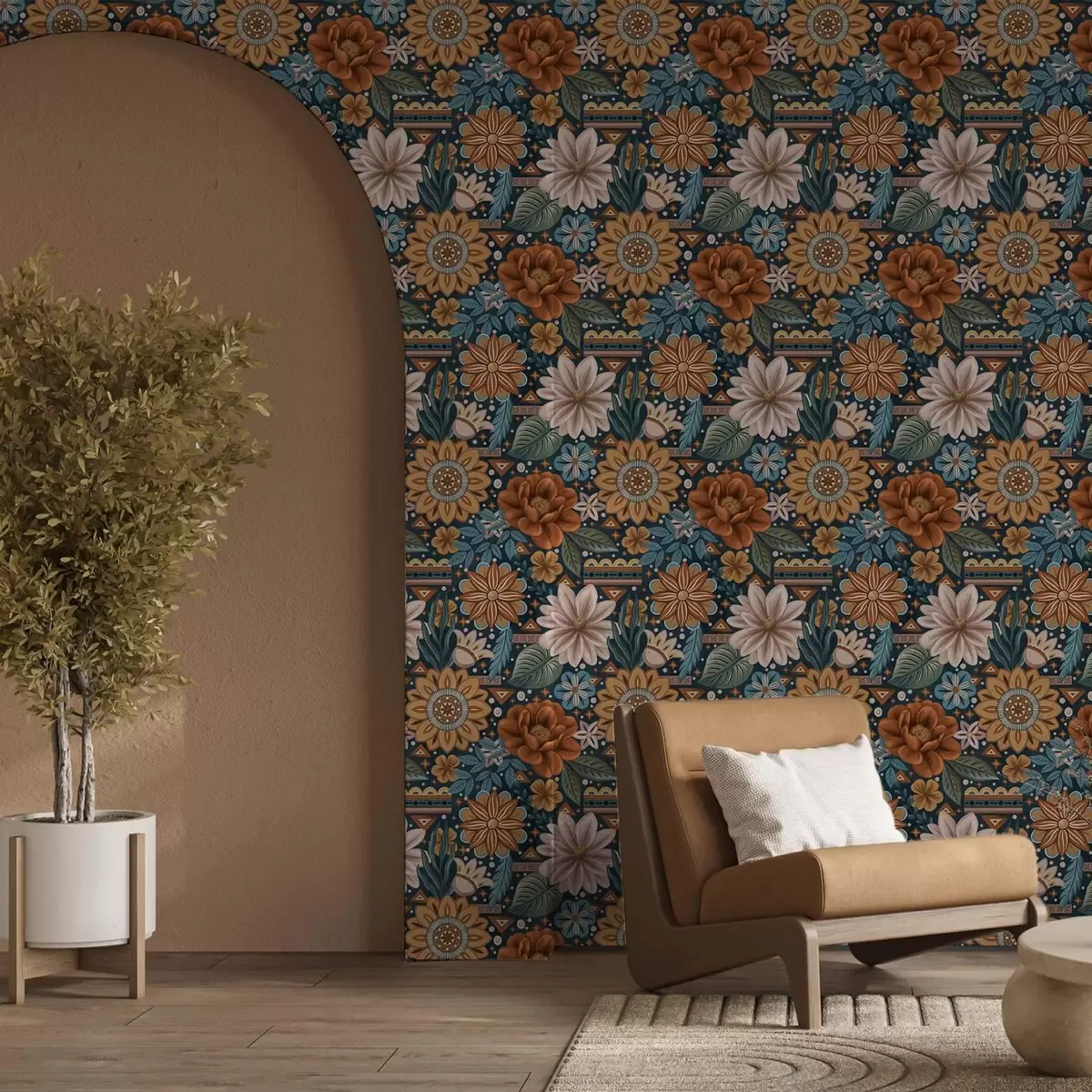 Wallpaper Flori decorative luminoase cu elemente geometrice a00305