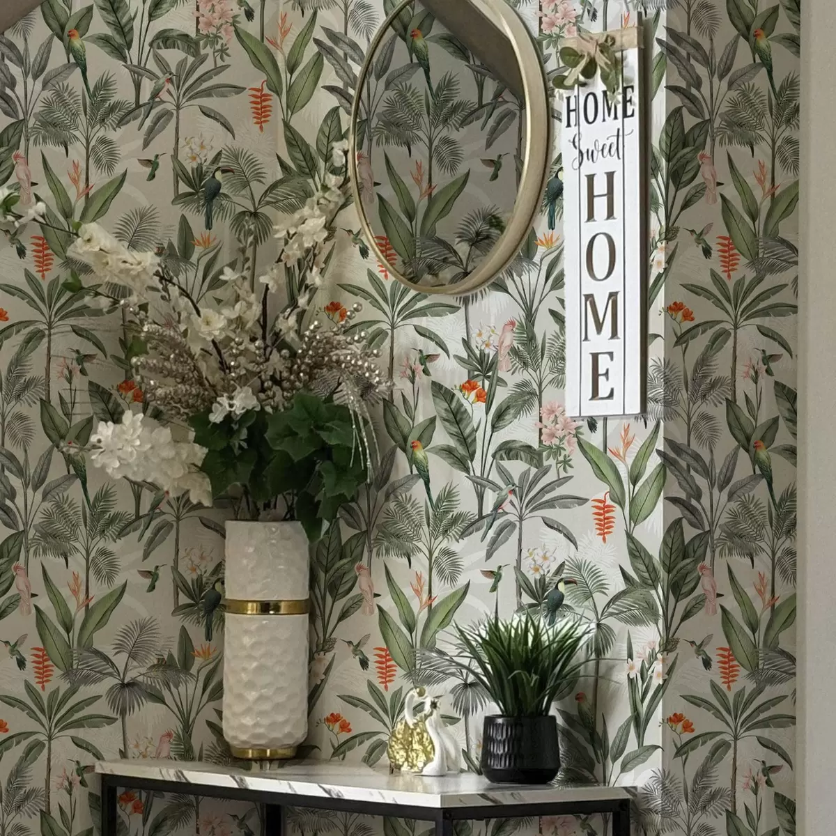 Wallpaper Păsări tropicale printre frunze de palmier a00308