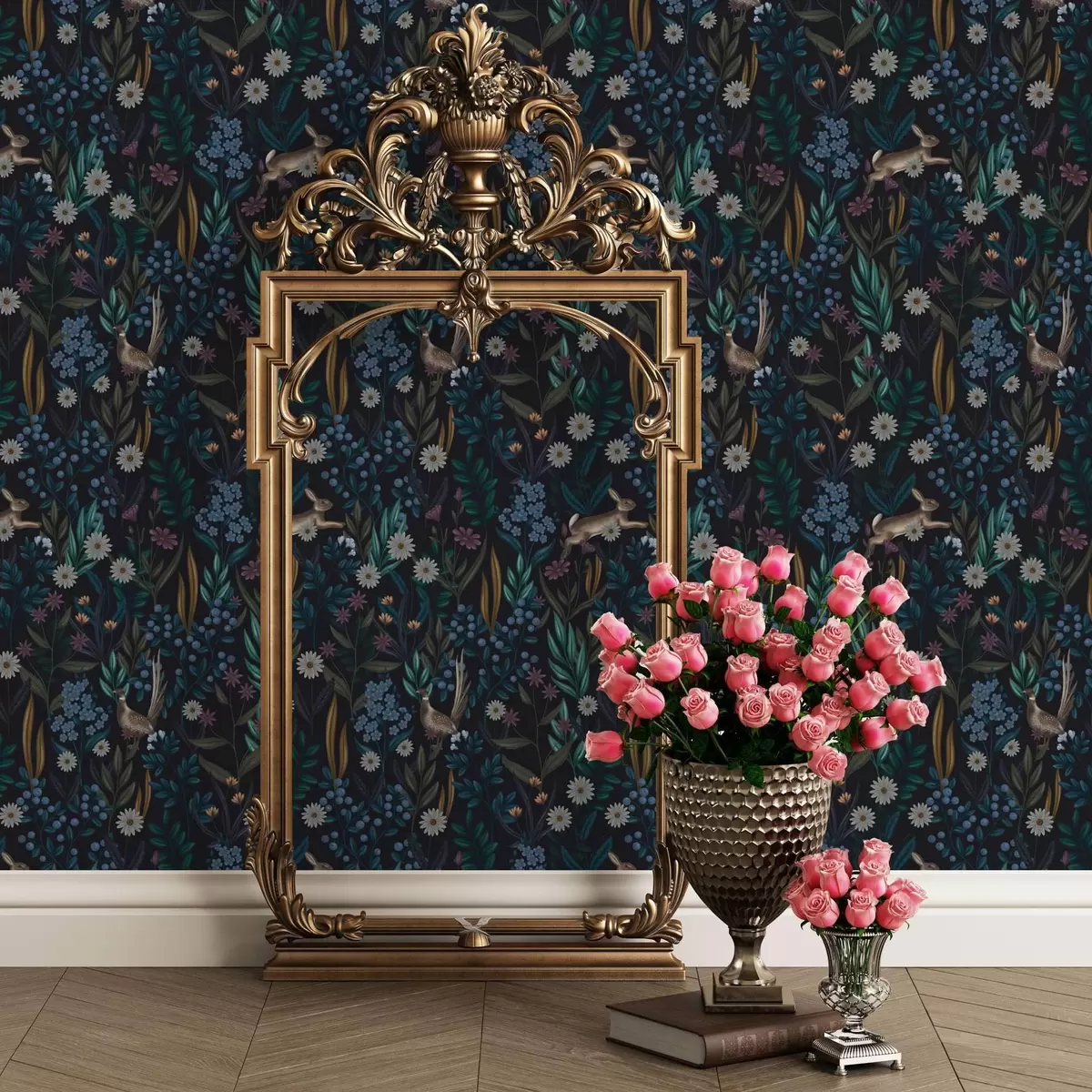 Wallpaper Pădure întunecată cu flori, iepure și o pasăre a00310