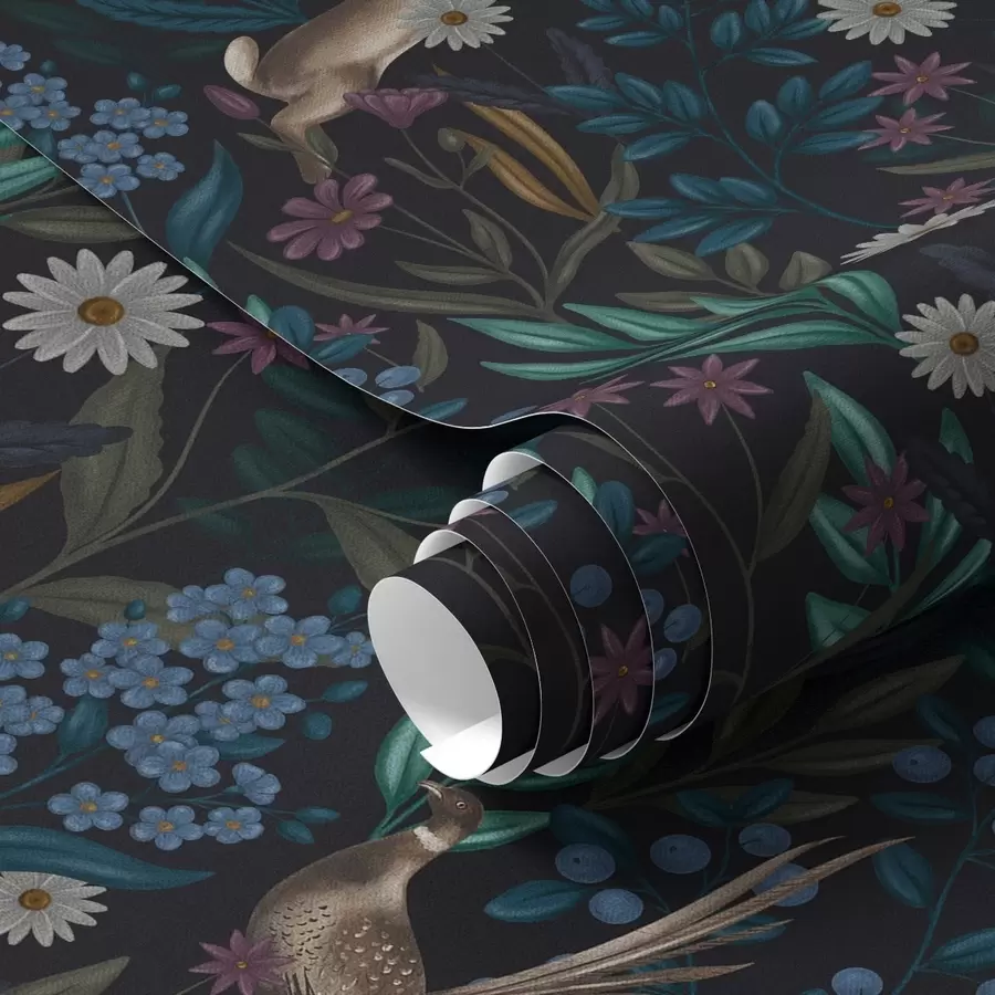 fototapet Pădure întunecată cu flori, iepure și o pasăre a00310