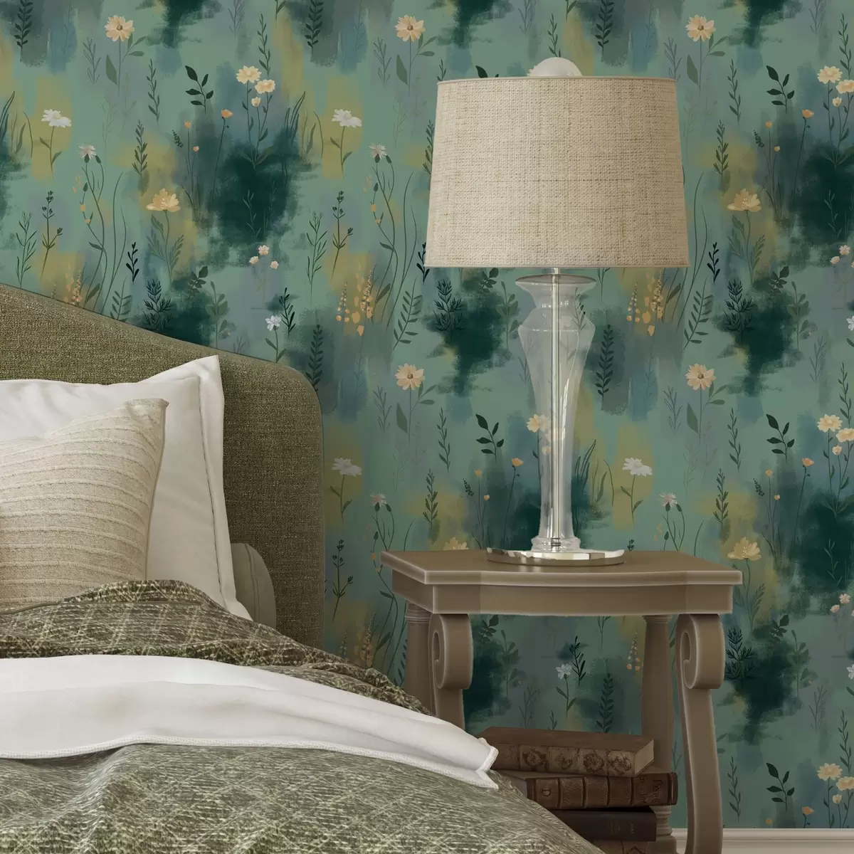 Wallpaper Abstracție acuarelă cu flori pe fundal verde a00312