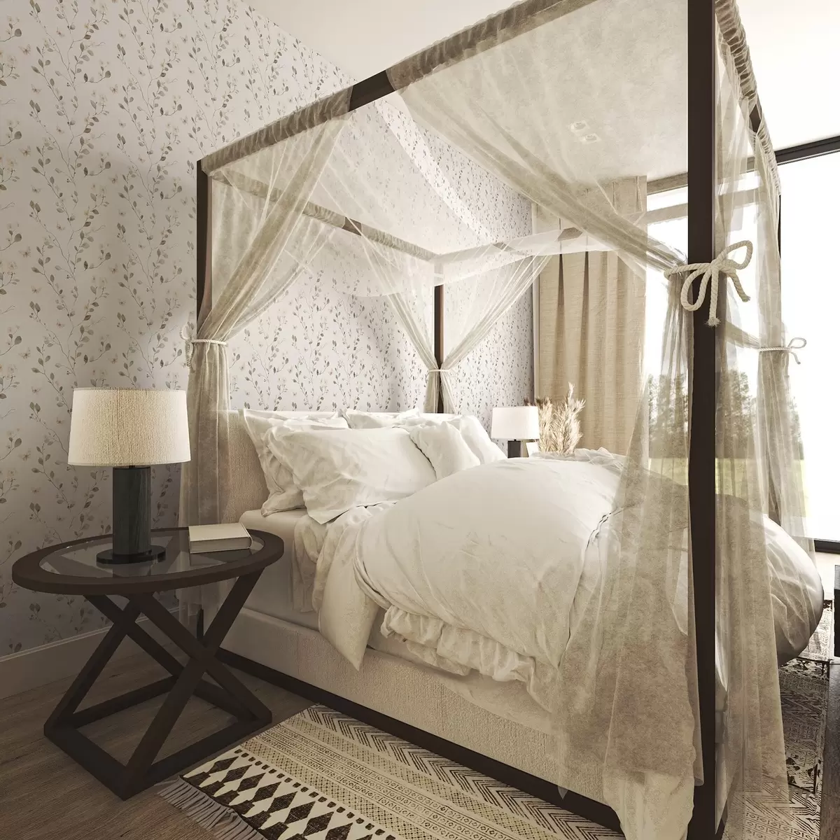 Wallpaper Ramuri subțiri cu flori și fluturi pe fundal alb a00342