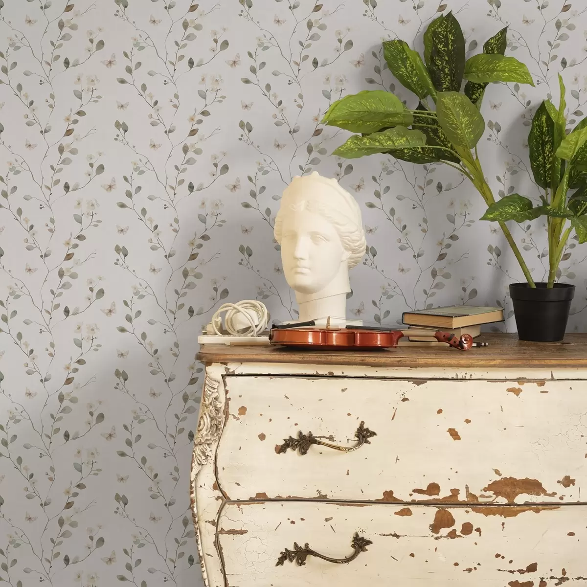 Wallpaper Ramuri subțiri cu flori și fluturi pe fundal alb a00342