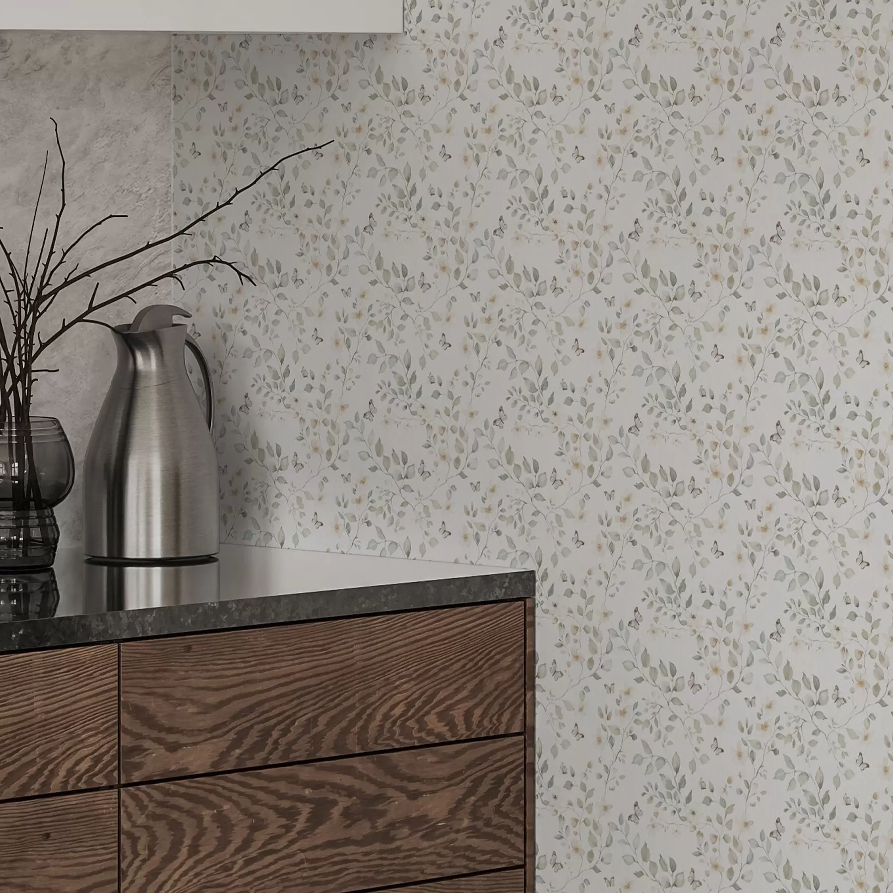 fototapet Ramuri ușoare cu frunze și flori în repetiție mică a00343