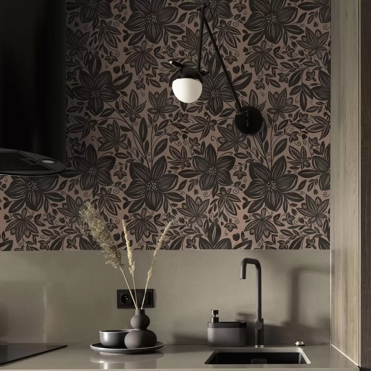 Wallpaper Model floral etnic negru și roz și model floral etnic roz a00351