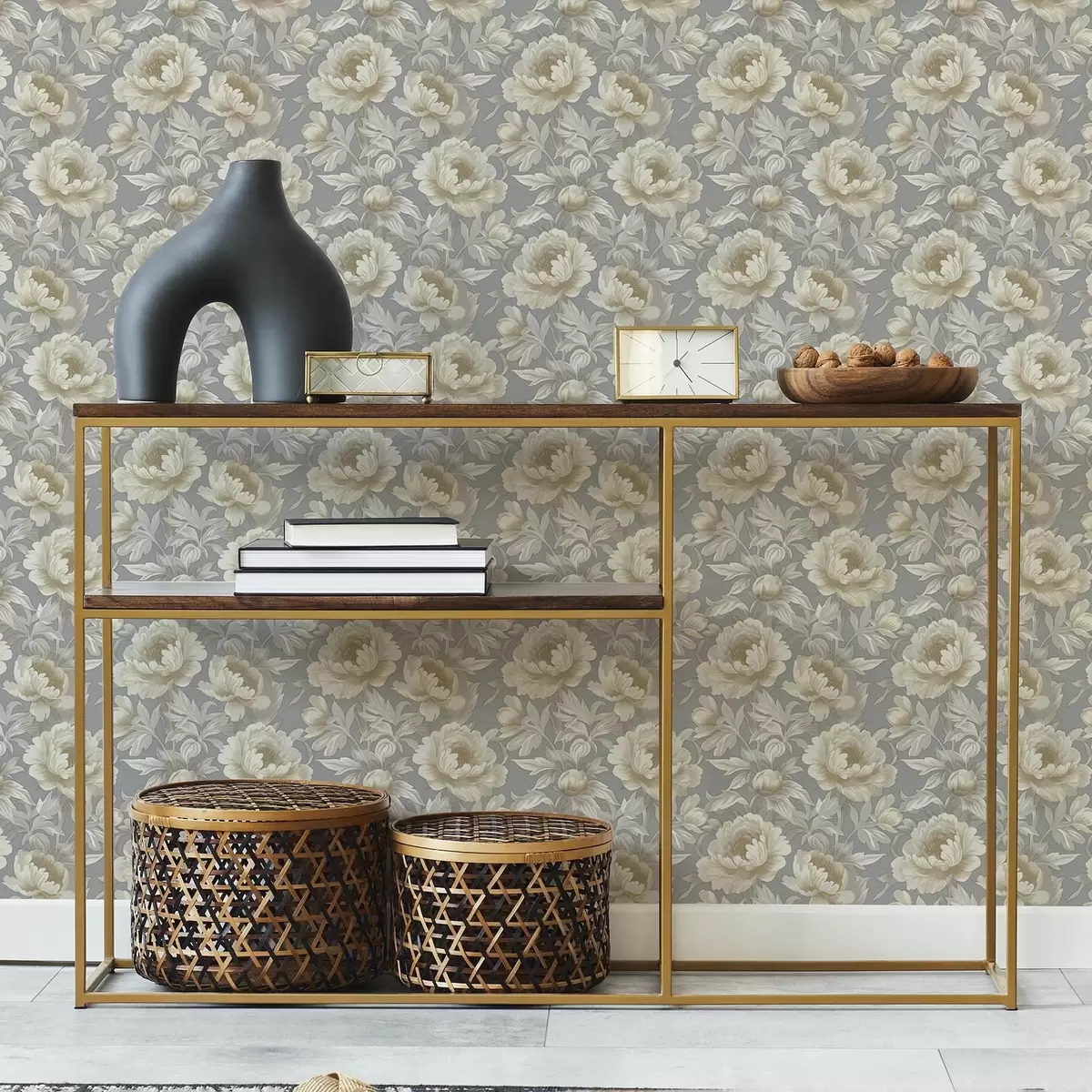 Wallpaper Bujori luxuriante și frunze pe un fundal gri a00403