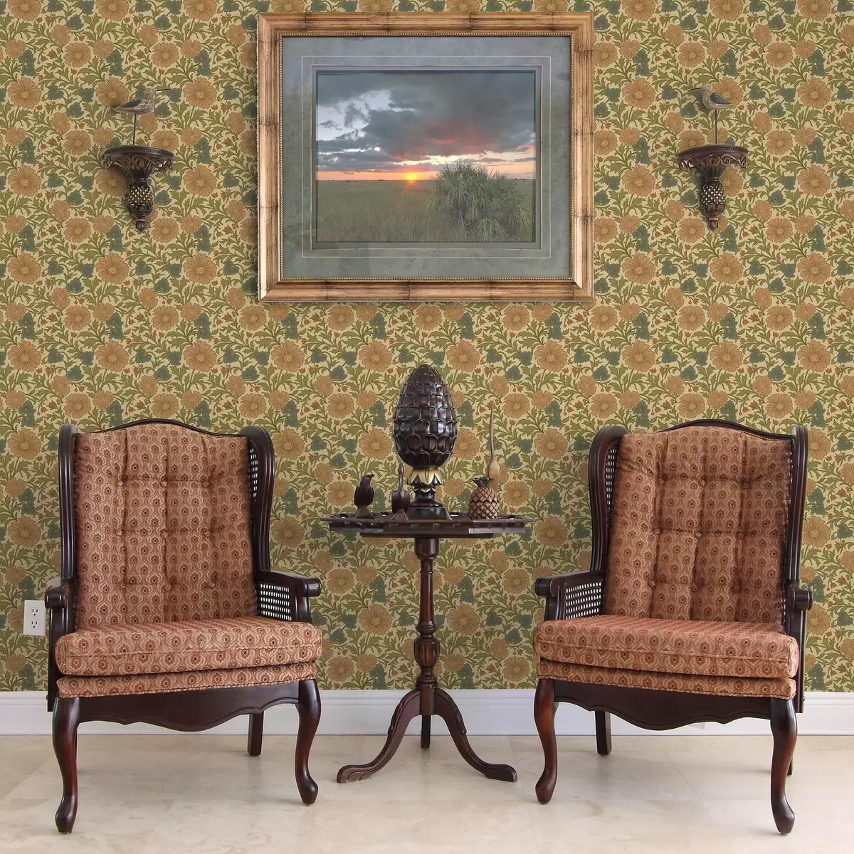 Wallpaper Flori portocalii cu frunze în stil Art Nouveau a00409