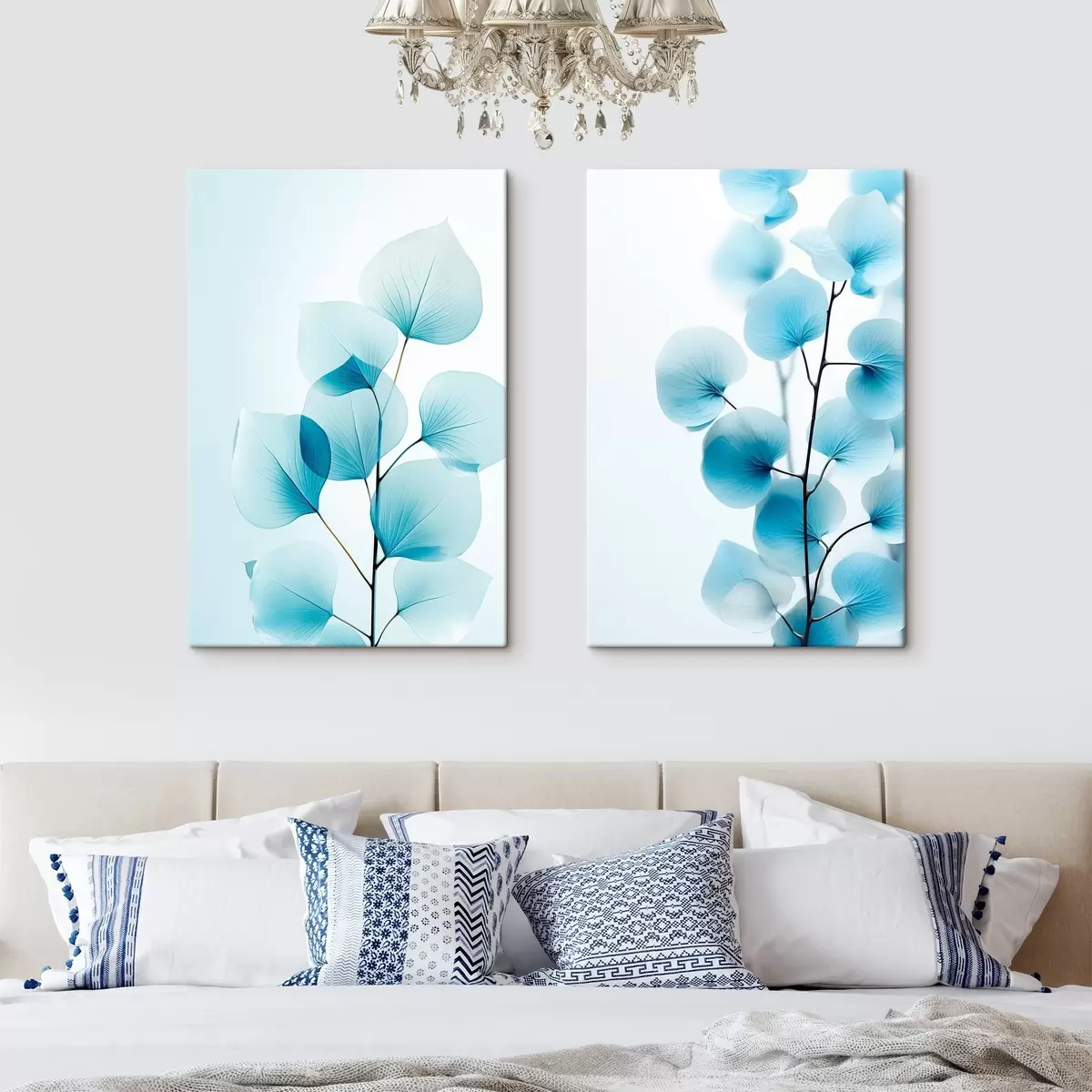 Tablouri Creangă cu frunze albastre translucide, vene delicate vizibile, compoziție ușoară și calmă, estetică minimalistă m00522