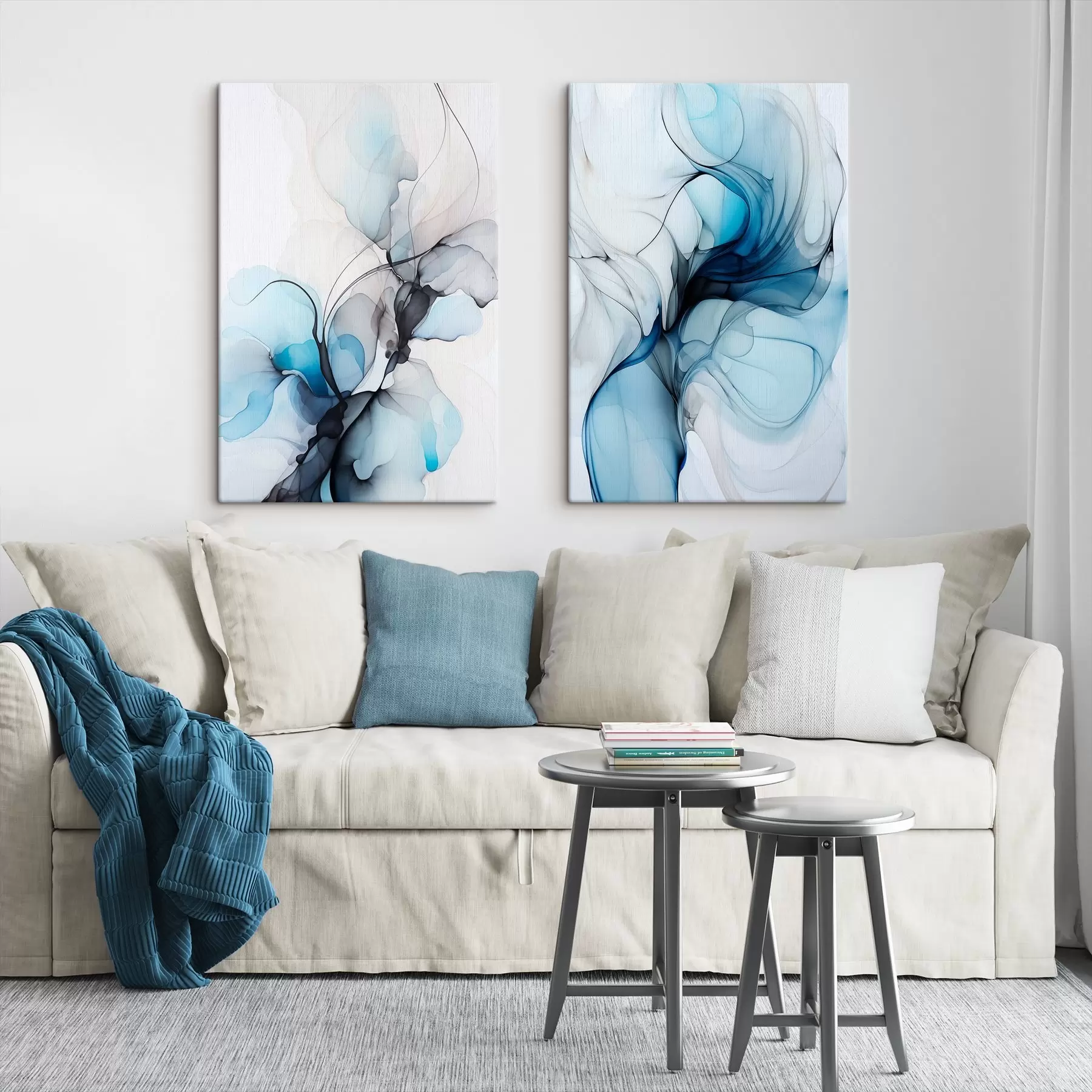 Tablouri Compoziție abstractă cu linii fluide și petale translucide în nuanțe de albastru, alb și bej, imitație de cerneală alcoolică m00523