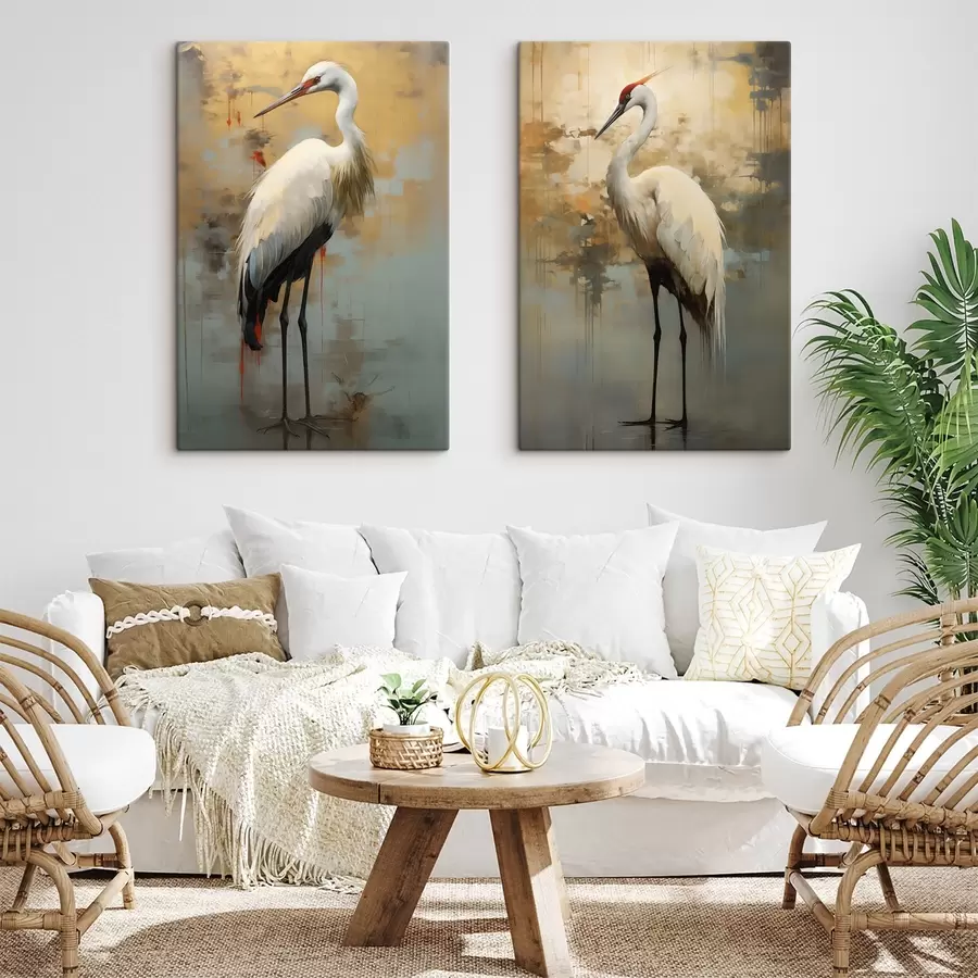 Tablouri Heron alb pe un fundal de nuanțe de galben, maro și albastru, sugerând un peisaj abstract, cețos m00530