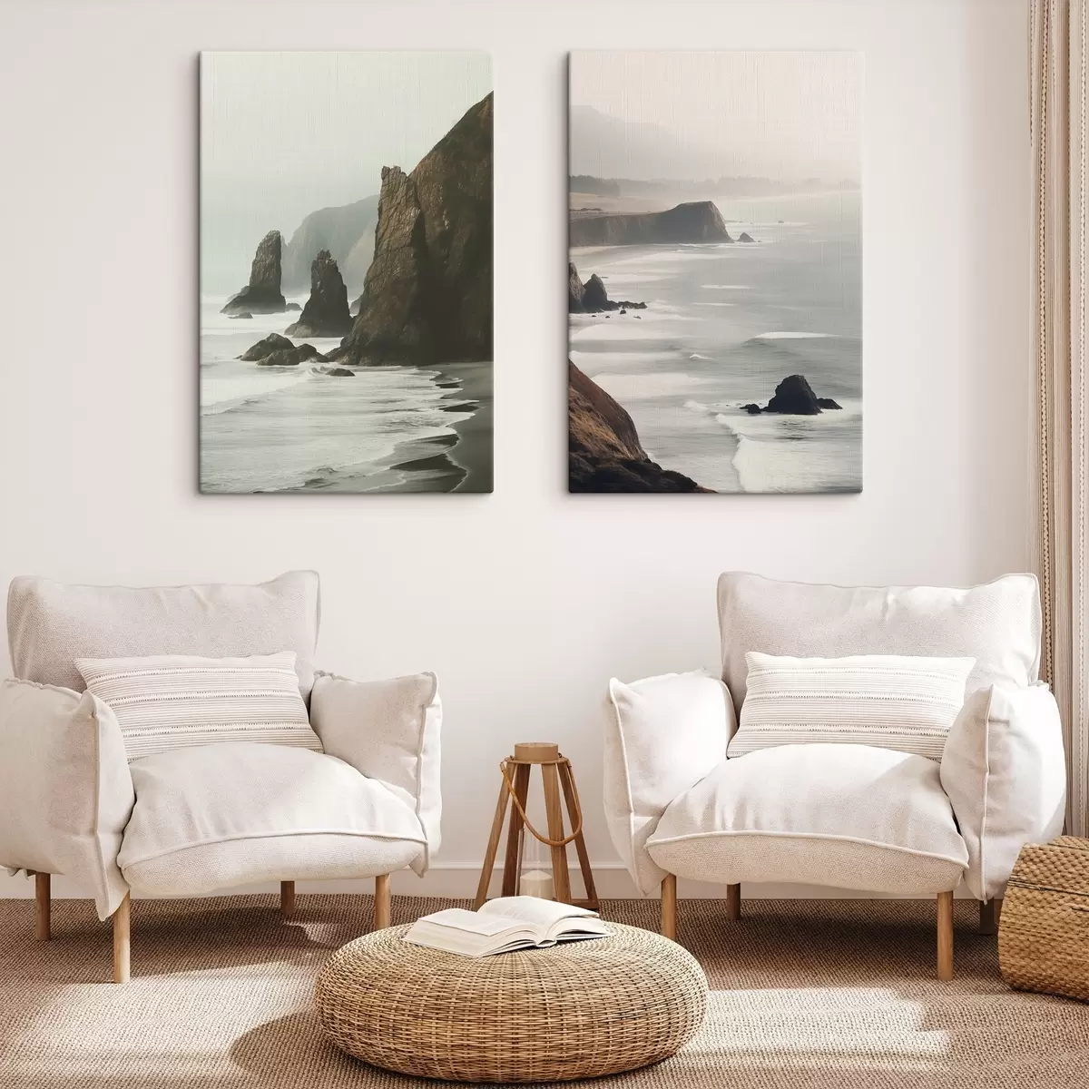 Tablouri Stânci stâncoase și coastă de mare, valuri care se sparg pe țărm, peisaj cu o atmosferă moody, tonuri de pământ m00531