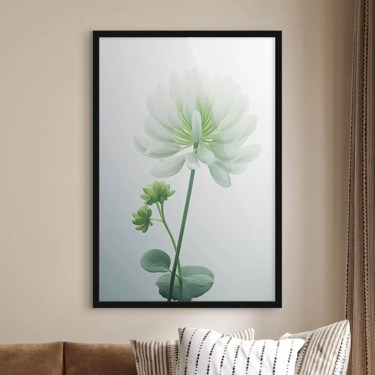 Poster Floare albă de trifoi cu tulpină și frunze verzi, iluminare moale, fundal curat, compoziție minimalistă, botanică f45171